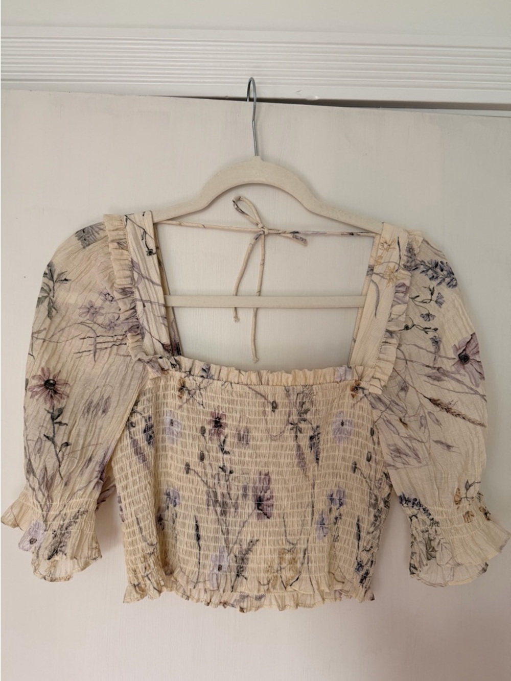 H&M Cream Floral Smocked Square-Neck Crop Top